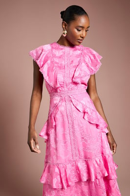 Satin Jacquard Ruffle Detail Midi Dress