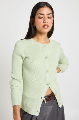 Rib Knit High Neck Button Down Knitted Cardigan