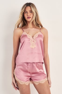 Satin Lace Detail Cami And Shorts Pajama Set