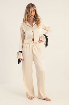 Satin Contrast Tie Cuff Pajama Shirt And Pants Set