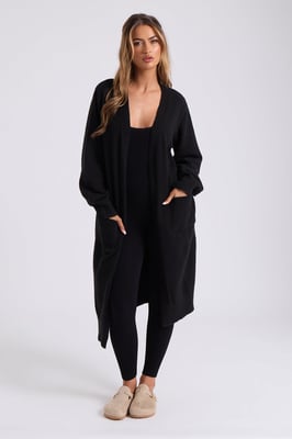 BLACK LONGLINE PATCH POCKET CARDI