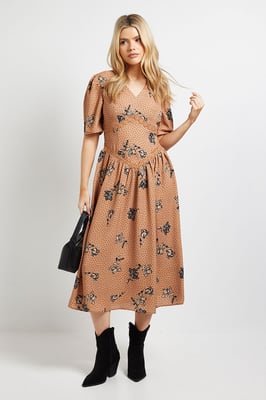 Stone Floral Lace Detail Dropped Waist V Neck Printed Midi Dress