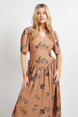 Stone Floral Lace Detail Dropped Waist V Neck Printed Midi Dress