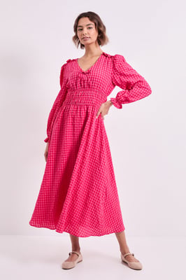 Shirred Waist Tie Detail Gingham Midaxi Dress
