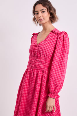Shirred Waist Tie Detail Gingham Midaxi Dress