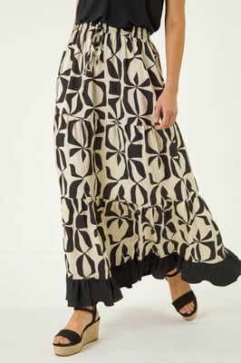 Mono Print Tiered Maxi Skirt