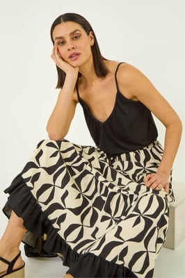 Mono Print Tiered Maxi Skirt