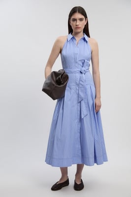 Cotton Collared Stripe Halter Neck Woven Midi Shirt Dress With Dropped Waist Detail