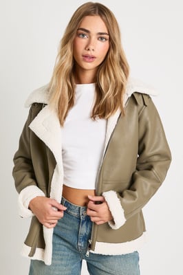 Teddy Trim Bonded Faux Leather Aviator Jacket