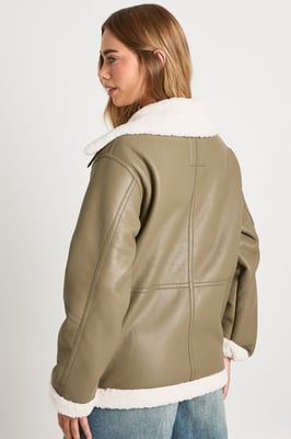 Teddy Trim Bonded Faux Leather Aviator Jacket