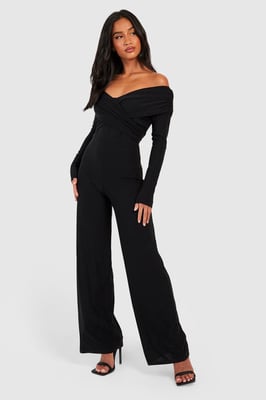 Petite Premium Slinky Twist Front Bardot Jumpsuit