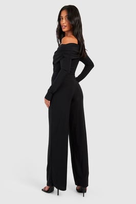 Petite Premium Slinky Twist Front Bardot Jumpsuit