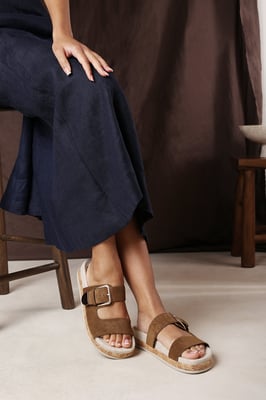 Where's That From Women Avenue Large Buckle Footbed Khaki Suede Sandal