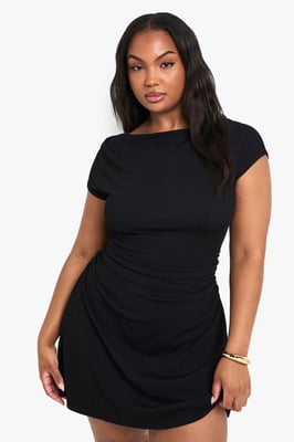 Plus Rib Cap Sleeve Ruched Mini Dress
