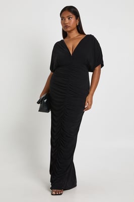Plus Double Layer Ruched Plunge Batwing Maxi Dress