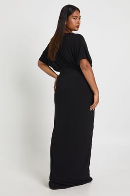 Plus Double Layer Ruched Plunge Batwing Maxi Dress