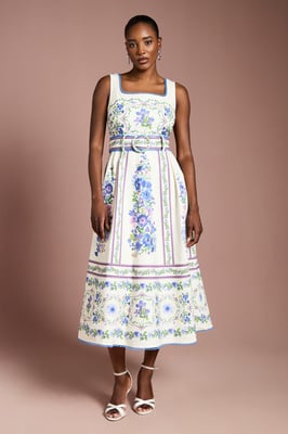 Belted Floral Placement Print Full Skirted Cotton Midi Dress