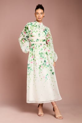Long Sleeve Placement Print Organza Midi Dress
