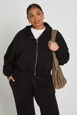 Plus Core Basic Boxy Balloon Sleeve Oversized Zip Through Hoodie