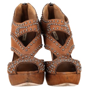 Miu Miu Studded Peep-Toe Platform Pumps in Brown Leather