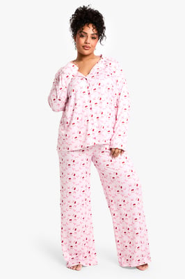 Plus Cherry Print Long Sleeve & Trouser PJ Set
