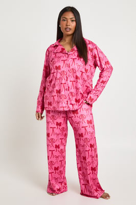 Plus Bow Print Long Sleeve & Trouser PJ Set