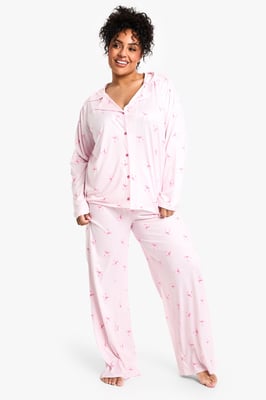 Plus Bow Stripe Print Long Sleeve & Trouser PJ Set