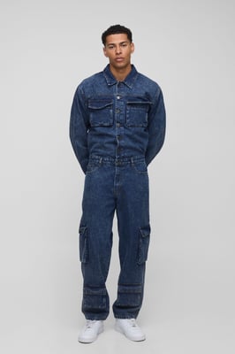 Long Sleeve Relaxed Washed Cargo Denim Boilersuit