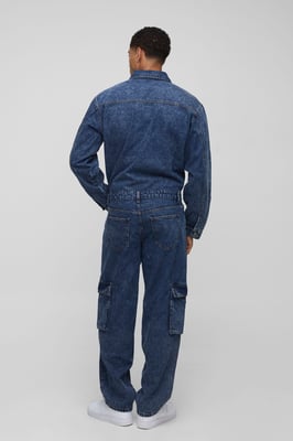 Long Sleeve Relaxed Washed Cargo Denim Boilersuit