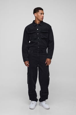 Long Sleeve Relaxed Washed Cargo Denim Boilersuit