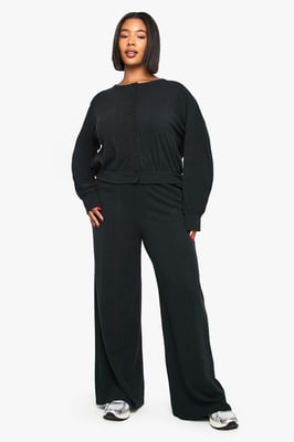 Plus Ribbed Button Down Cardigan and Wide Leg Trouser