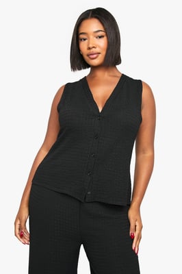 Plus Textured Button Through Sleeveless Top