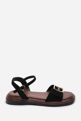 Where's That From Womens Coastal Front Buckle Flatform Black Suede Sandal