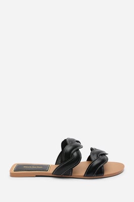 Where's That From Womens Julietta Two Strap Braided Black Slip on Sandals with Contrast Stitching