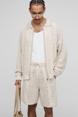 Oversized Boxy Blanket Open Stitch Knitted Tracksuit