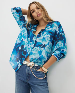 River Island Womens Blouse Blue Abstract Print Collared