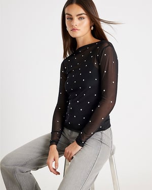River Island Womens Top Black Mesh Long Sleeve Studded