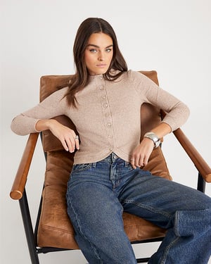 River Island Womens Top Beige Long Sleeve Curved Hem