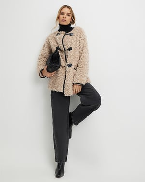 River Island Womens Coat Beige Long Sleeve Tipped Borg Duffle