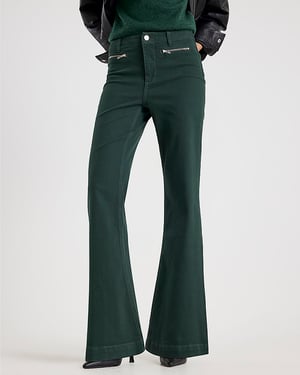 River Island Womens Flared Jeans Green Zip Front Relaxed