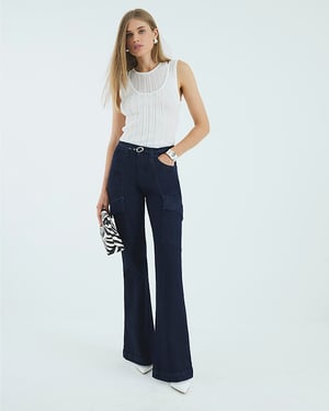 River Island Womens Cargo Jeans Blue High Rise Relaxed Flared
