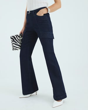 River Island Womens Cargo Jeans Blue High Rise Relaxed Flared