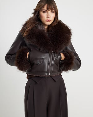 River Island Womens Biker Jacket Brown Faux Fur Collar Cropped