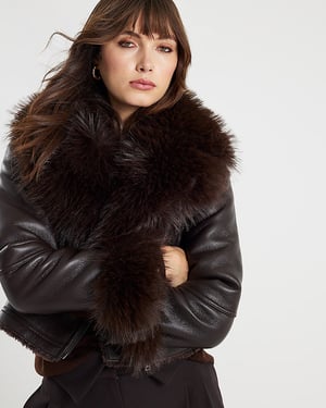 River Island Womens Biker Jacket Brown Faux Fur Collar Cropped