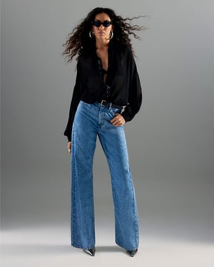 River Island Womens Straight Leg Jeans Blue Belted Relaxed
