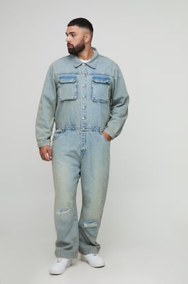 Plus Regular Fit Stonewash Rip and Repair Boilersuit
