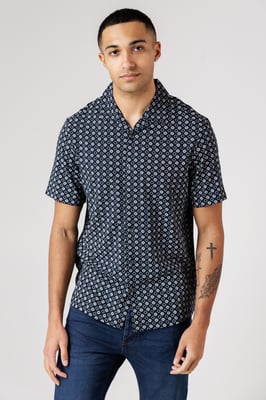 Navy Square Floral Print Short Sleeve Shirt
