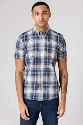 Blue Cotton Short Sleeve Checked Chest Pocket Shirt