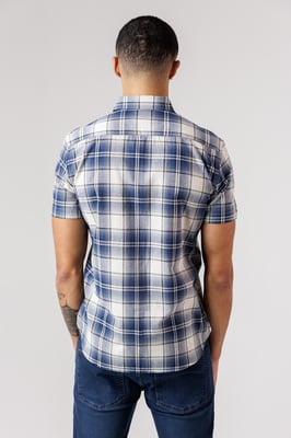 Blue Cotton Short Sleeve Checked Chest Pocket Shirt