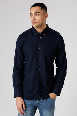 Navy Linen Blend Long Sleeve Chest Pocket Shirt